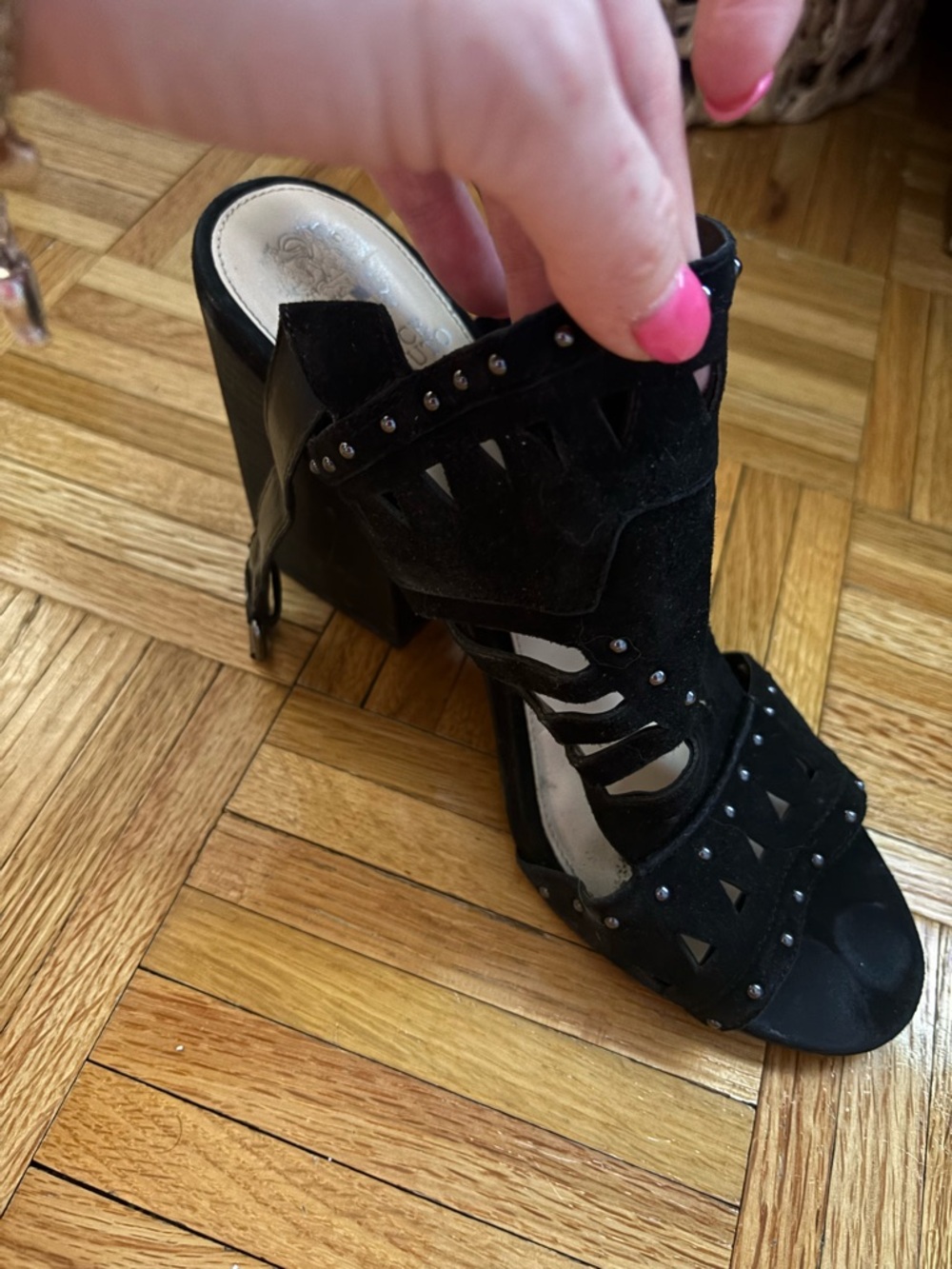 Vince Camuto Black Studded Cutout Block Heel Sandal - Picture 5 of 5